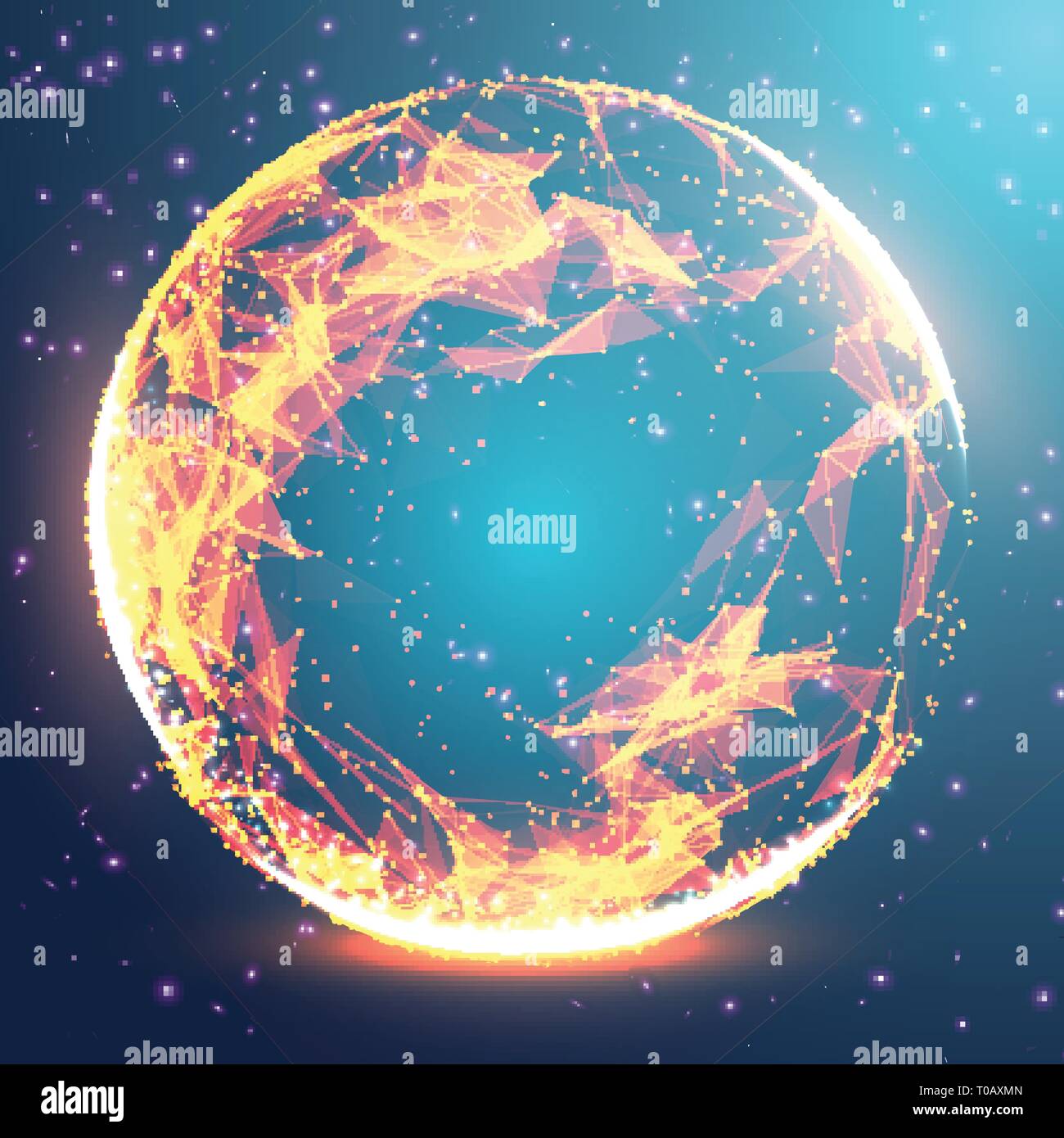 Abstract 3d illuminato Mesh distorta sfera . Insegna al neon . La tecnologia avveniristica elemento HUD . Elegante distrutto . Grande per la visualizzazione di dati . Illustrazione Vettoriale