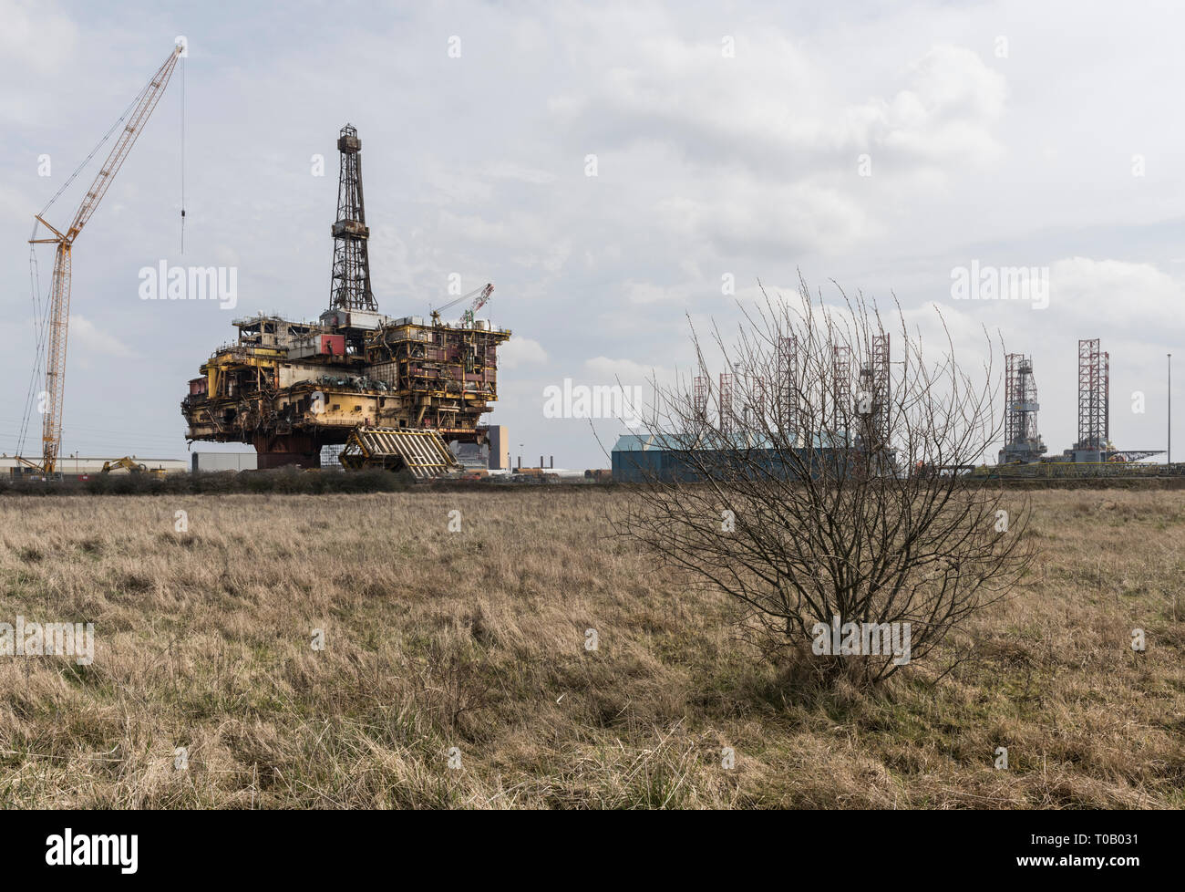 Il Delta di Brent Oil Rig essendo demolita in grado UK in Seaton Carew vicino a Hartlepool, Teesside Foto Stock