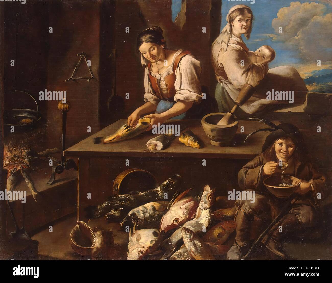 "Scena in cucina". L'Italia, circa 1720. Dimensioni: 158x200 cm. Museo: Membro Hermitage di San Pietroburgo. Autore: Giacomo Francesco Cipper (Il Todeschini). Foto Stock