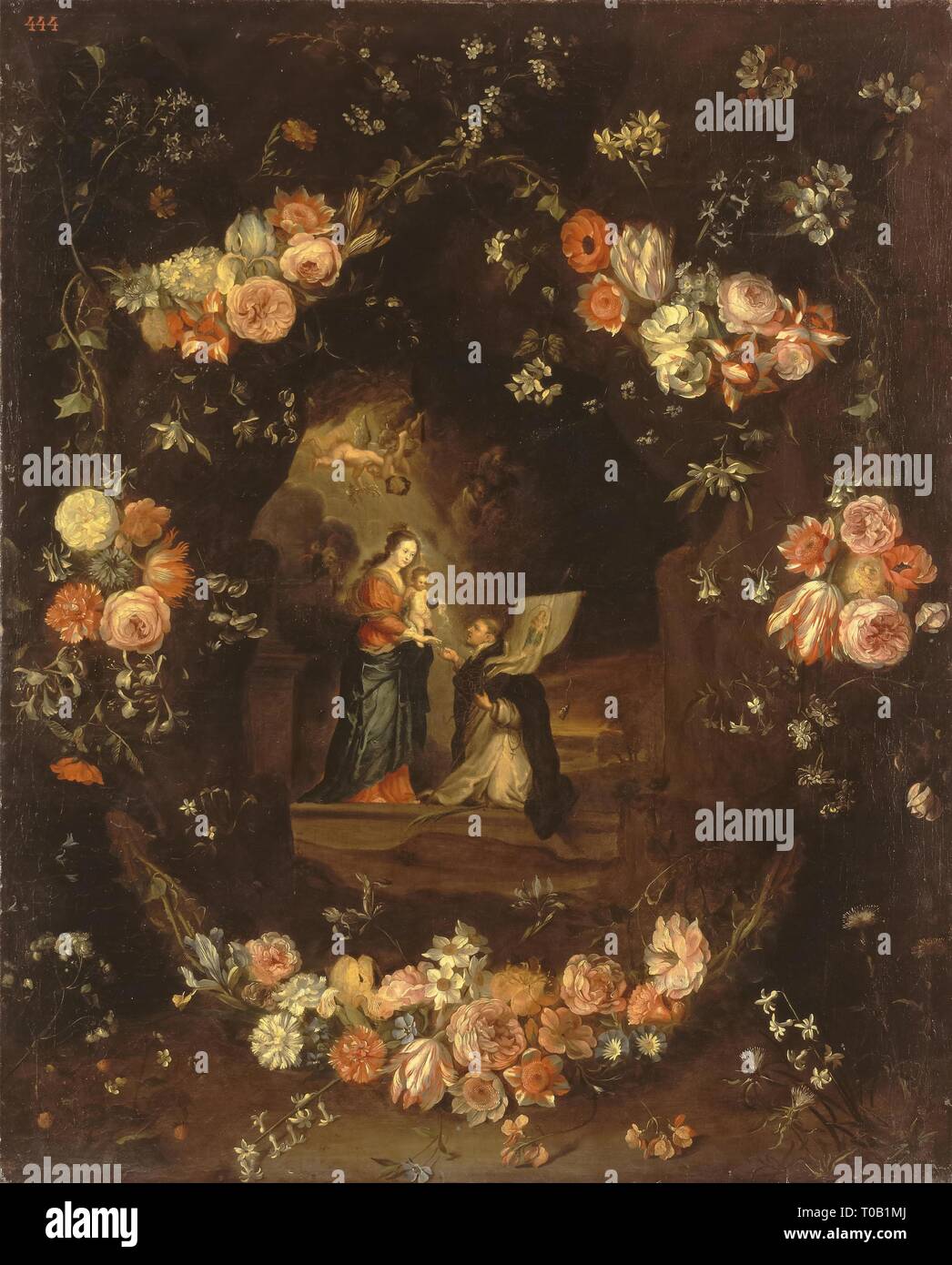 "Madonna con il Bambino e San Ildefonso incorniciato con una ghirlanda di fiori". Le Fiandre. Dimensioni: 138x110 cm. Museo: Membro Hermitage di San Pietroburgo. Autore: Jan van Kessel I. Foto Stock