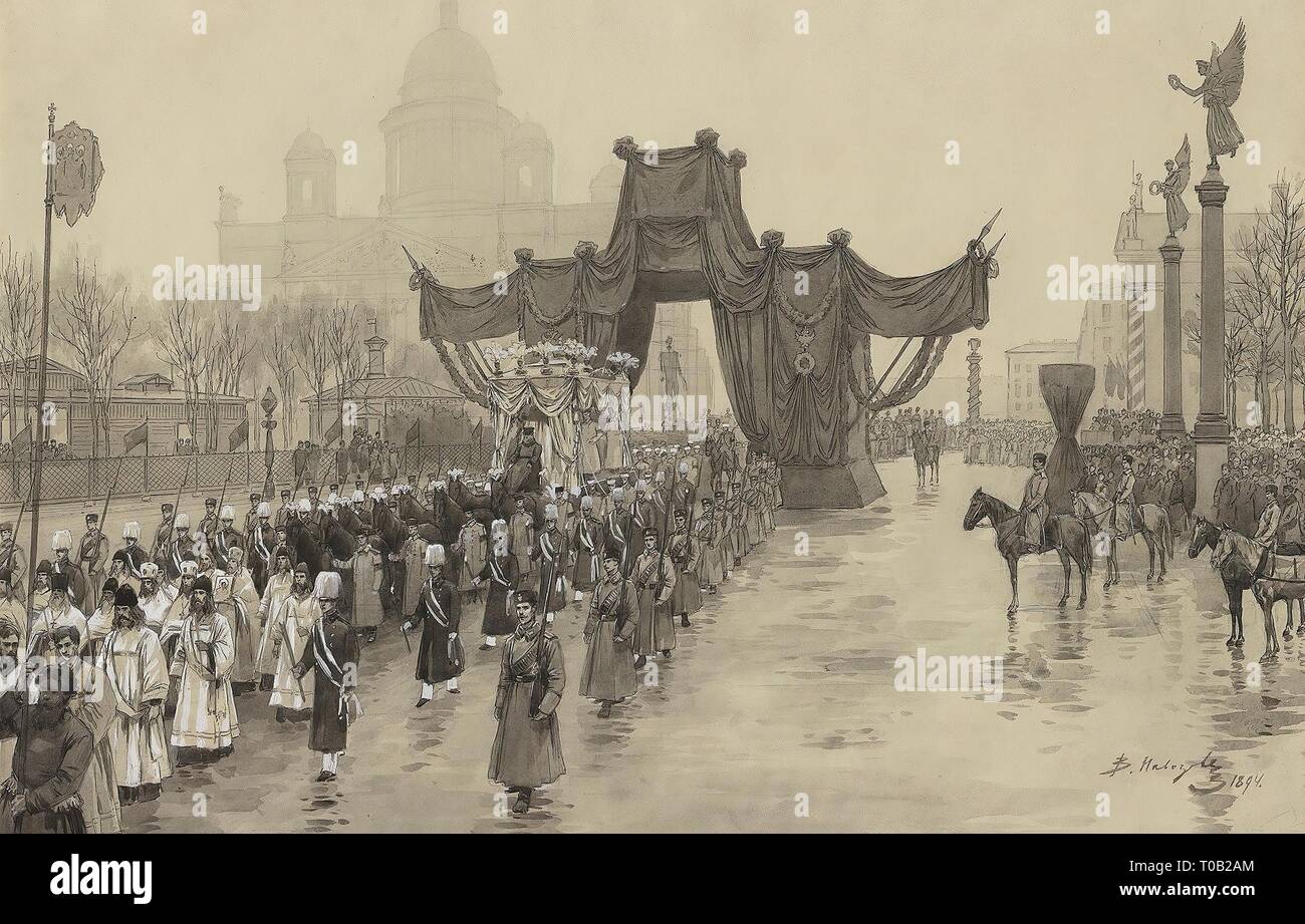 "Processione del funerale di Alessandro III per le strade di San Pietroburgo". 1894. Dimensioni: 51x69,7 cm (con passe-partout). Museo: Membro Hermitage di San Pietroburgo. Autore: Vasily Navozov. Foto Stock