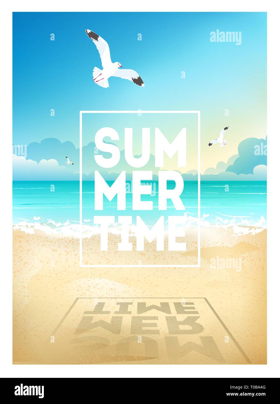 Estate spiaggia sfondo con il mare, il cielo, gabbiani e sunrise. Targhetta di estate poster invito flyer card. Durante l'estate. Illustrazione Vettoriale