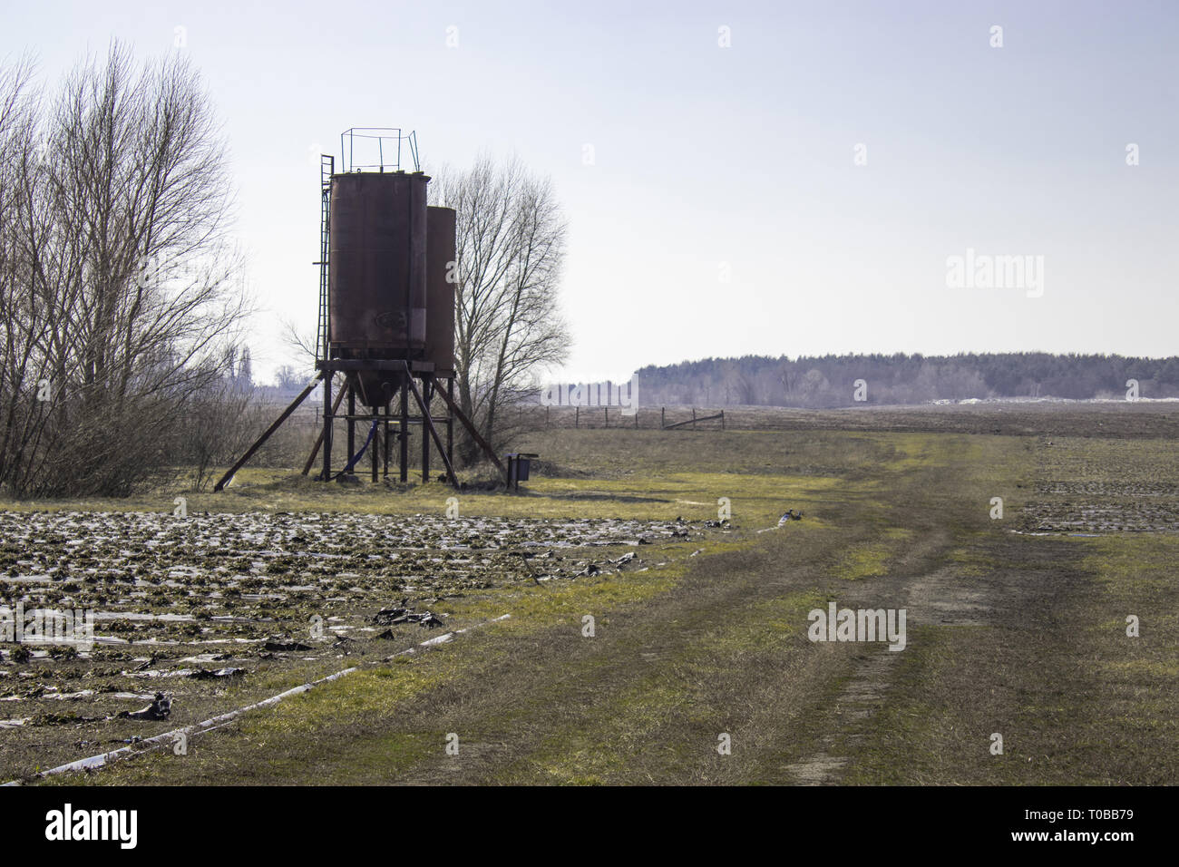 La strada verso le torri di ferro per la presenza di acqua nel campo. Torri per l'agricoltura. Foto Stock