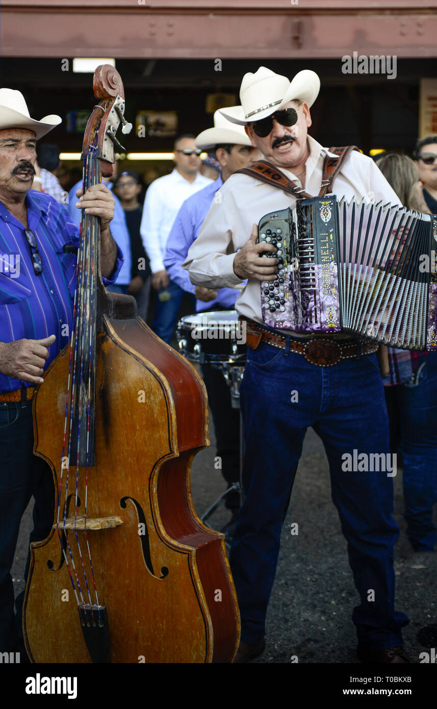 Due musicisti di canto Ranchera, uno con fisarmonica e l'altro suona il basso a destra, suonando al circuito di Rilito Park, a Tucson, Arizona Foto Stock