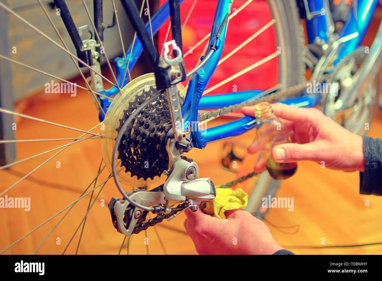 Primo piano delle mani maschio pulizia e lubrificazione di una catena di bicicletta e la ruota dentata con l'olio. L'uomo mantenendo la sua bicicletta per la nuova stagione di guida. Processo di lavorazione Foto Stock