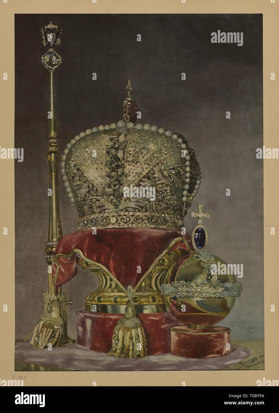 'Depiction dell'Imperial Crown Jewels: una grande corona e lo scettro di Orb'. 1882. Dimensioni: 74x55 cm. Museo: Membro Hermitage di San Pietroburgo. Autore: ALFRED PARLAND. Foto Stock