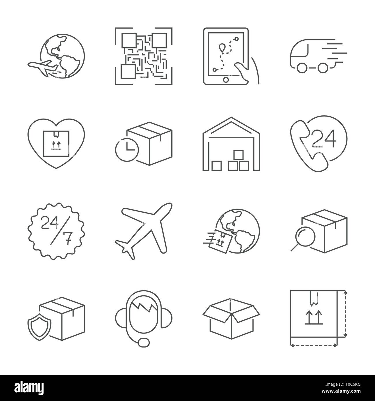 Consegna, trasporti, logistica, spedizione vettore di linea sottile set di icone. Linea moderna graphic design per il sito web, web design, mobile app, Una infografica Illustrazione Vettoriale