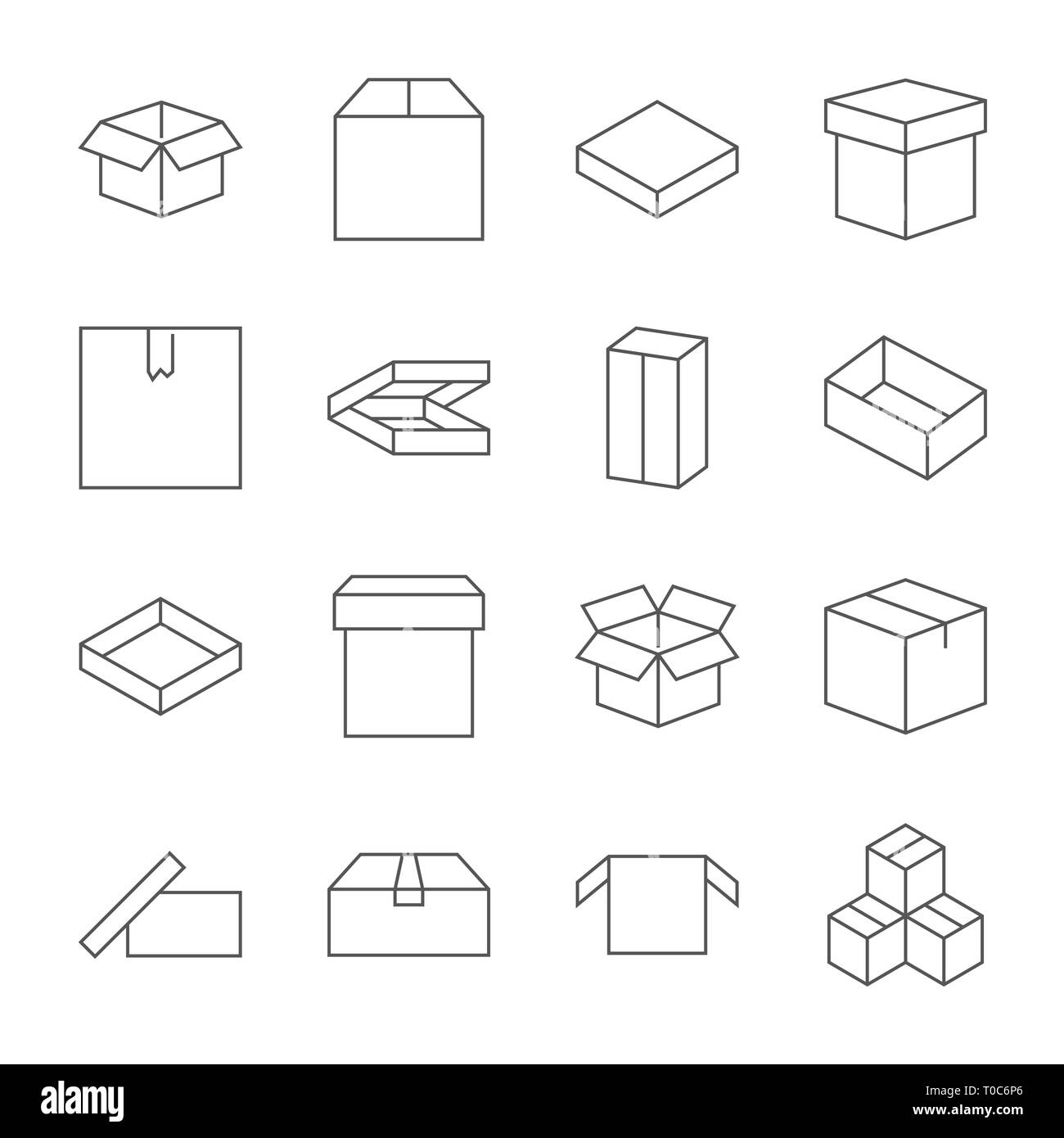 Set di icone della scatola in una moderna linea sottile stile. Nero di alta qualità outline package simboli per la progettazione di un sito web e le applicazioni per dispositivi mobili. Lineare semplice cassa in legno Illustrazione Vettoriale