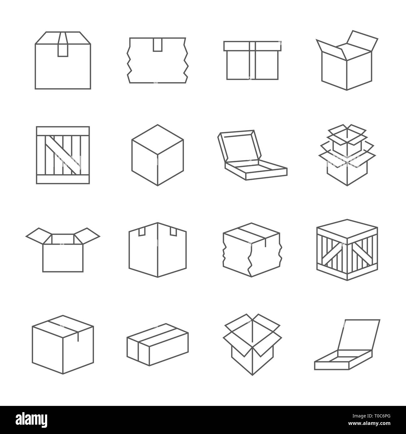 Casella di segni. Varie scatole contenitori e scatole. Icona linea set. Illustrazione Vettoriale. Corsa modificabile Illustrazione Vettoriale