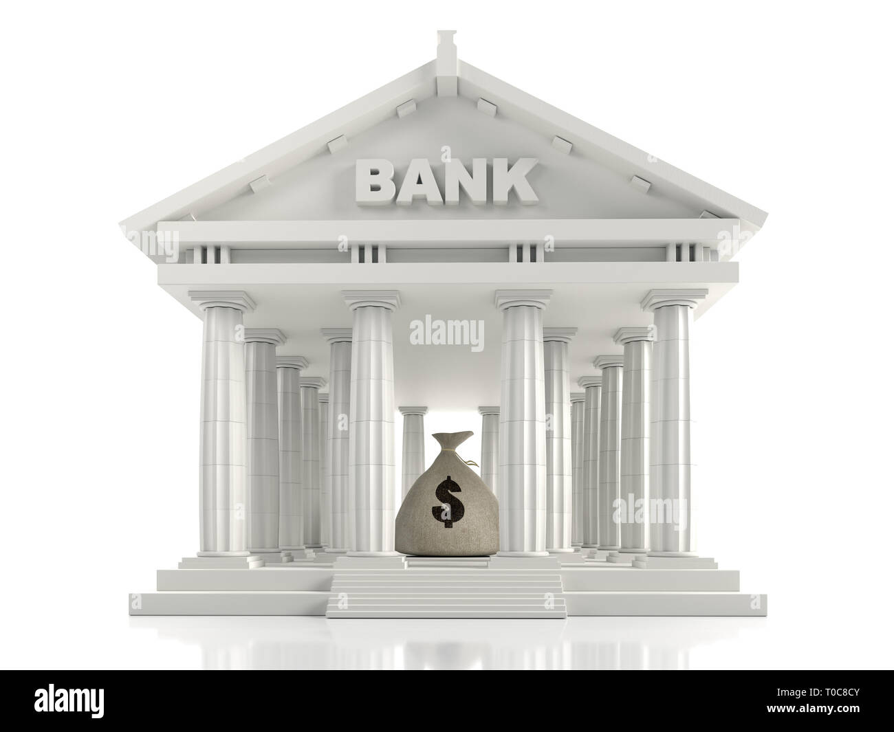 3D render di banca classico edificio colonnare con denaro sacchetto interno su bianco Foto Stock