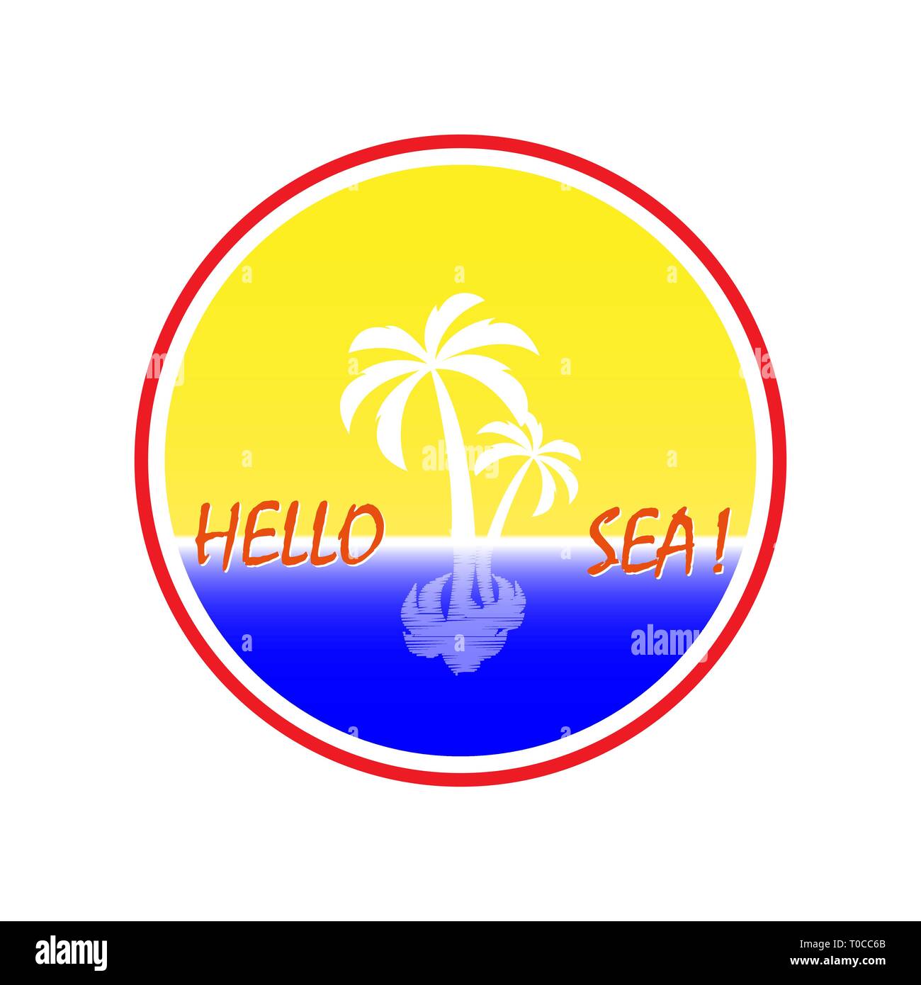 Semplice logo con un albero di palma e l'iscrizione Ciao Mare Illustrazione Vettoriale