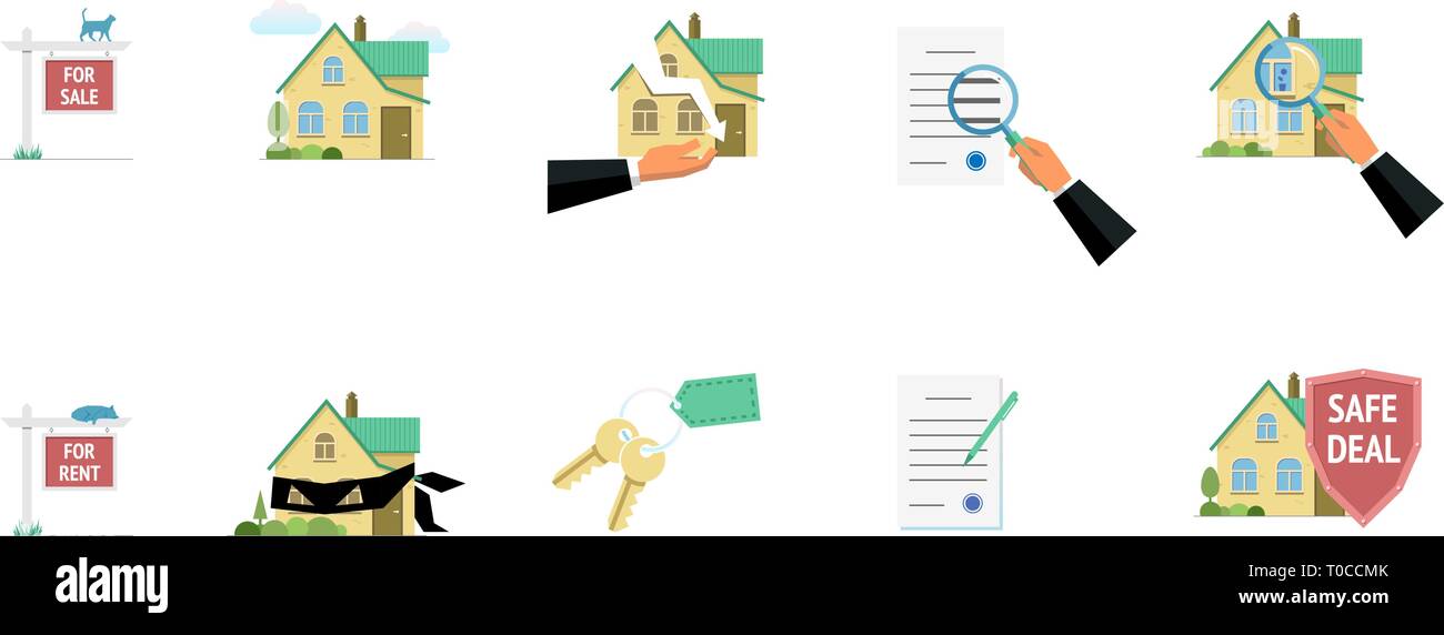 Immobiliare di proprietà in vendita in affitto rischio frode sicuri elementi di trattativa. Moderno vettore illustrazione piana impostato Illustrazione Vettoriale