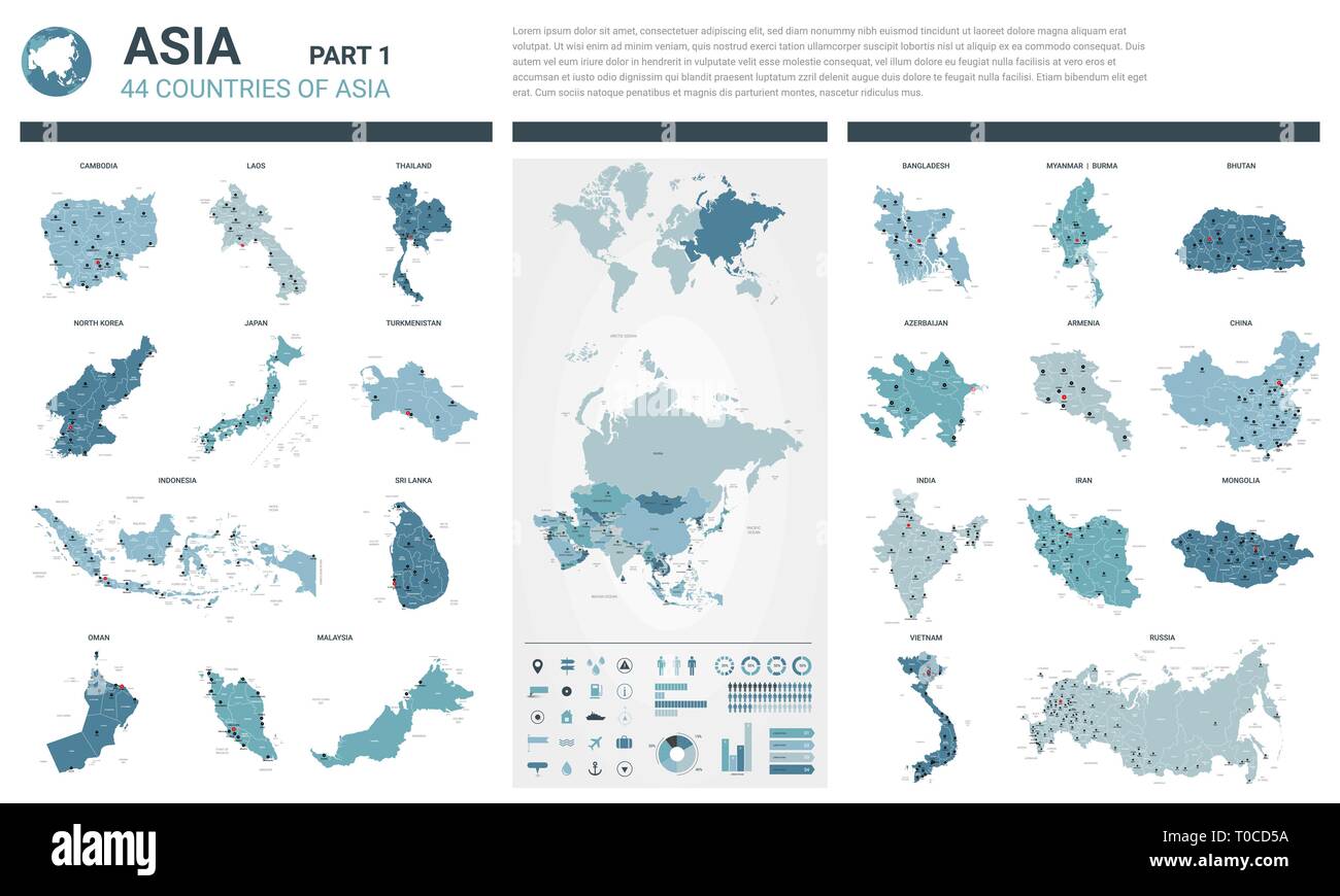 Mappe vettoriali set. Alta 44 dettagliate mappe di paesi asiatici con la divisione amministrativa e città. Mappa politico, Mappa di Asia il continente, mappa del mondo, g Illustrazione Vettoriale