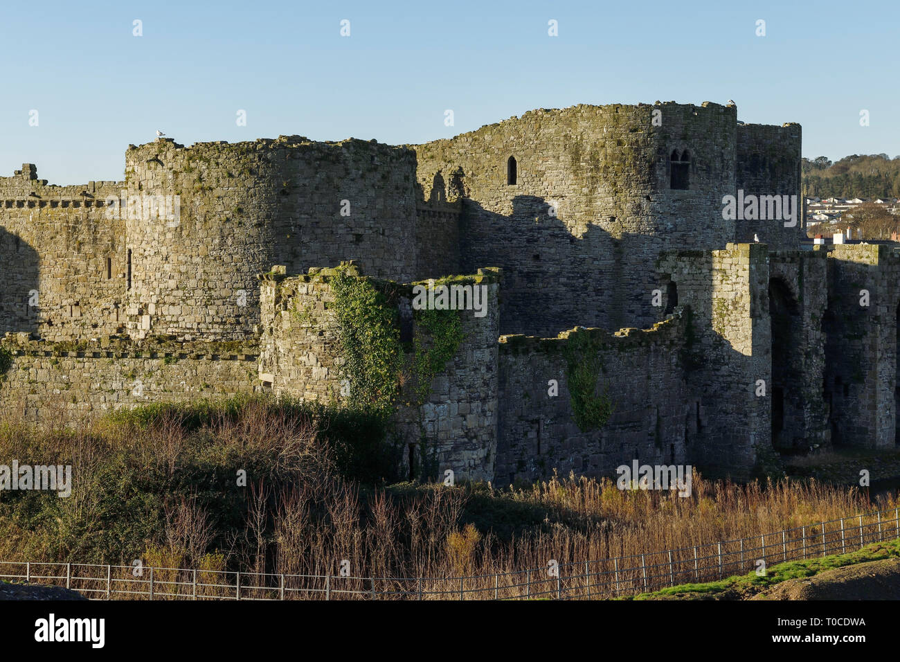 La parete esterna del Beaumaris Castle nella città di Beaumaris su Anglesey nel Galles del Nord Regno Unito Foto Stock