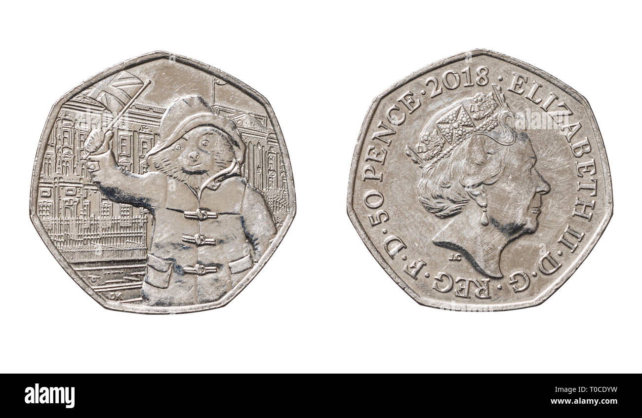 La parte anteriore e posteriore di Paddington bear fuori Buckingham Palace su un cinquanta pence pezzo coin Foto Stock