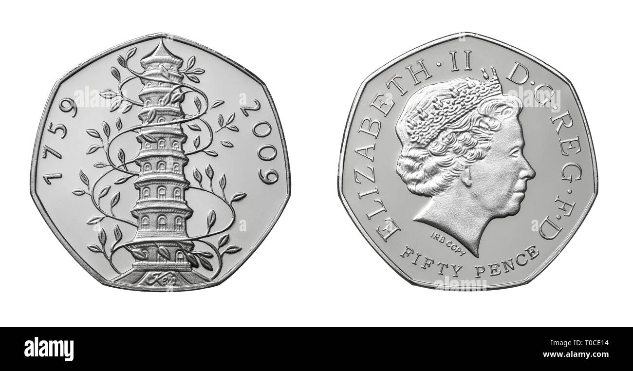 La parte anteriore e posteriore di una replica copia di prova del Kew Gardens cinquanta pence pezzo moneta. Foto Stock