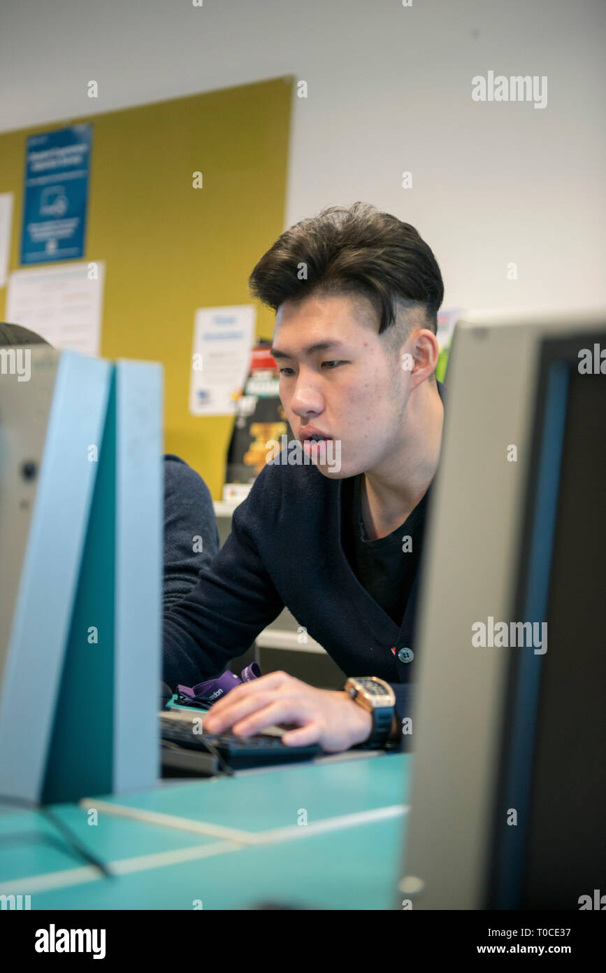 International Student e allievo nella stanza del computer di un College / Università studiare e tramite il computer desktop Foto Stock