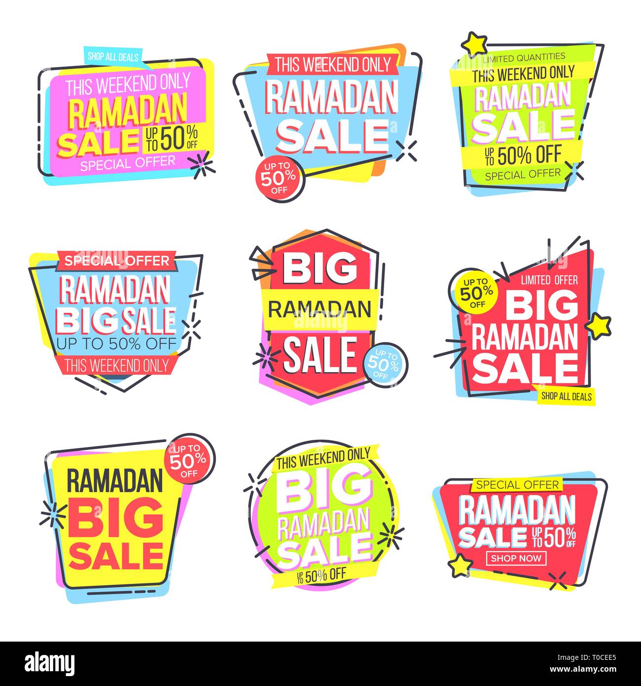 Il Ramadan Vendita banner vettore Set. Eid dello sfondo. Offerta Tag. Grande Super vendita. Poster islamica. Modello di arabo. Ramazan Arabian Vacanze Shopping. Di sconto Illustrazione Vettoriale