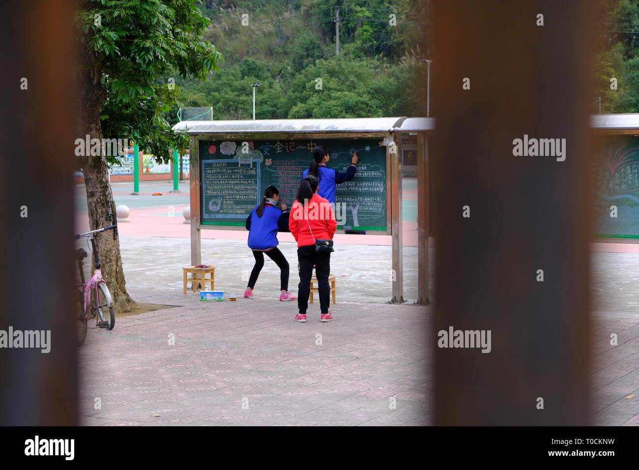 Cina studenti che lavorano sul lavoro di propaganda dopo la scuola Foto Stock