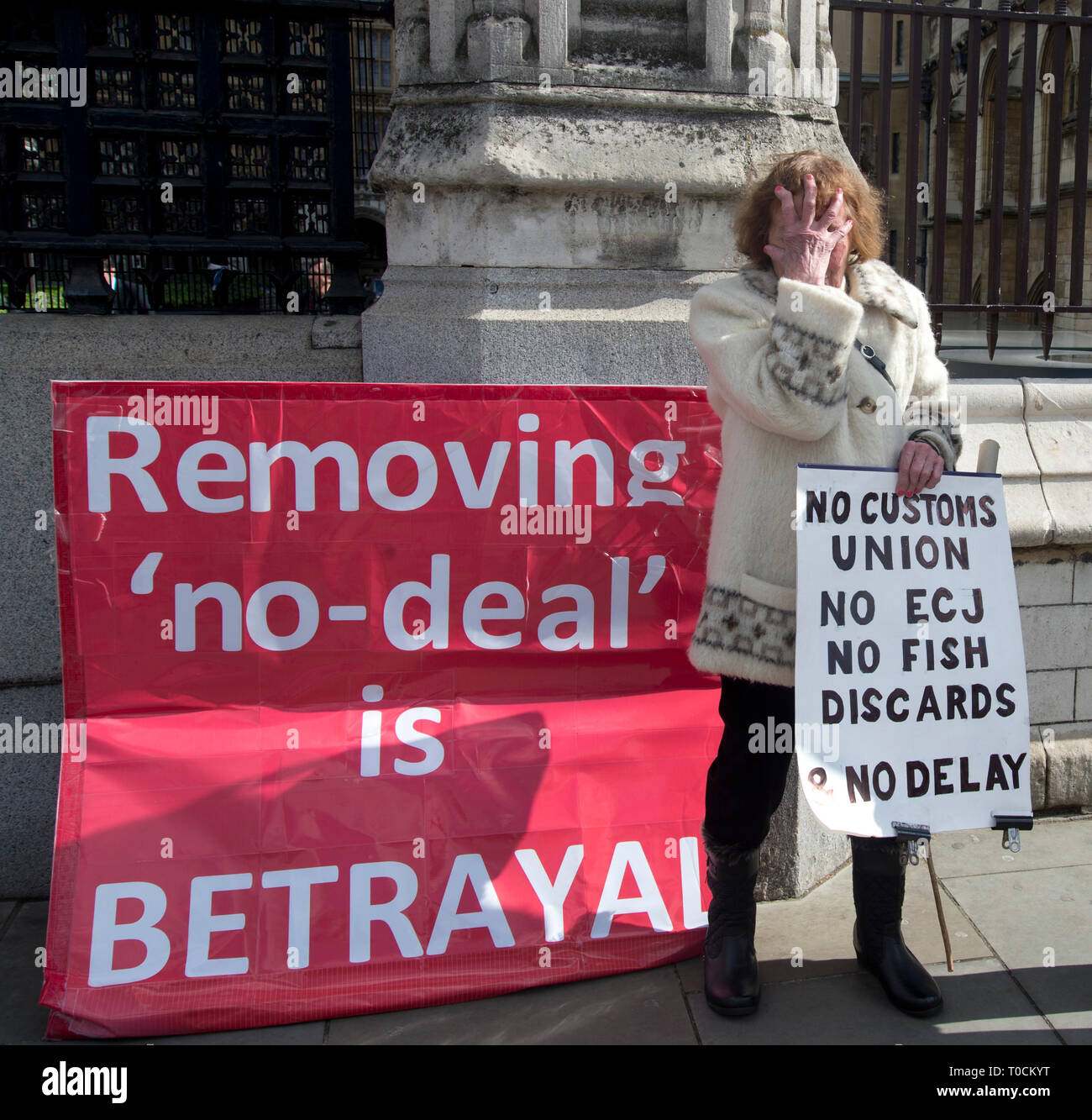Westminster 19 marzo 2019. Lasciare Brexit protester Hazel Prowse con lei sulla targhetta del giorno Foto Stock