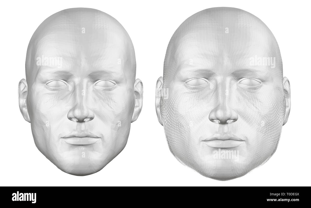 Set con un uomo poligonale di testa. La testa di un grasso e snello l'uomo. La testa di un uomo grasso si rompe in frammenti, burst. 3D. Illustrazione Vettoriale Illustrazione Vettoriale