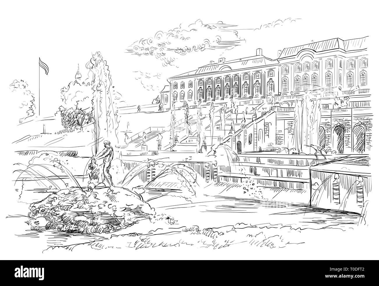 Vista panoramica della grande cascata, sculture e fontane a Peterhof Palace a San Pietroburgo, Russia. Vettore isolato del disegno a mano mi illustrazione Illustrazione Vettoriale