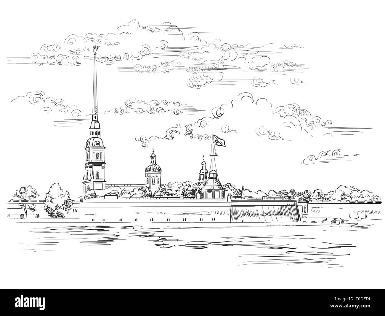 Paesaggio urbano della fortezza di Pietro e Paolo a San Pietroburgo, Russia e argini del fiume. Vettore isolato del disegno a mano illustrazione in colore nero Illustrazione Vettoriale