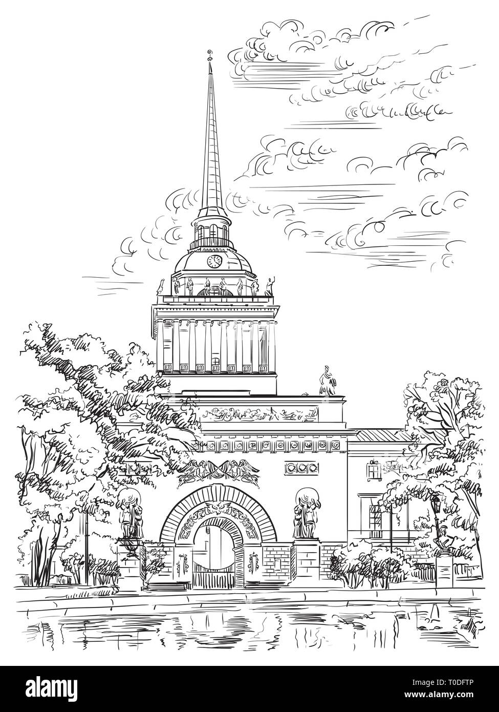 Paesaggio di Admiralty Building, San Pietroburgo, Russia. Vista frontale della vecchia Admiralty Building da giardino. Vettore isolato del disegno a mano illustratio Illustrazione Vettoriale