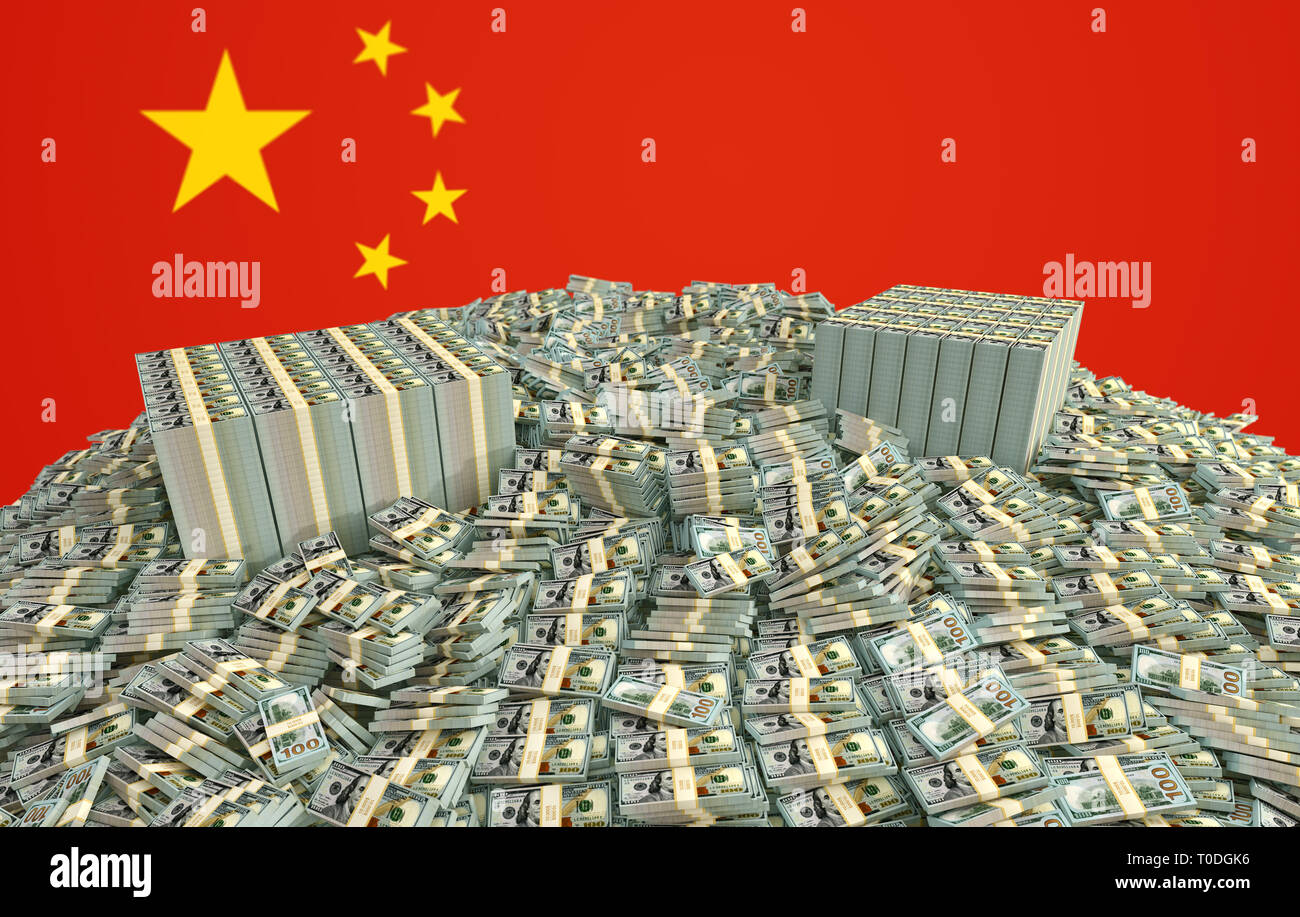 Milioni di Dollari di fronte alla bandiera cinese - 3D rendering Foto Stock