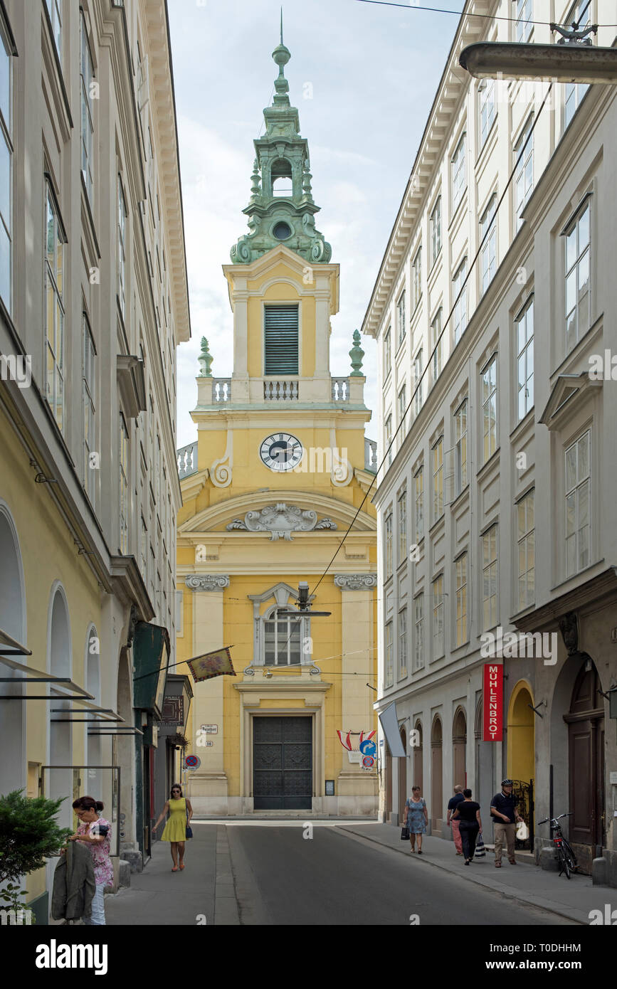 Österreich, Wien 1, Evangelische Kirche in der Dorotheergasse, Blick durch die Plankengasse Foto Stock