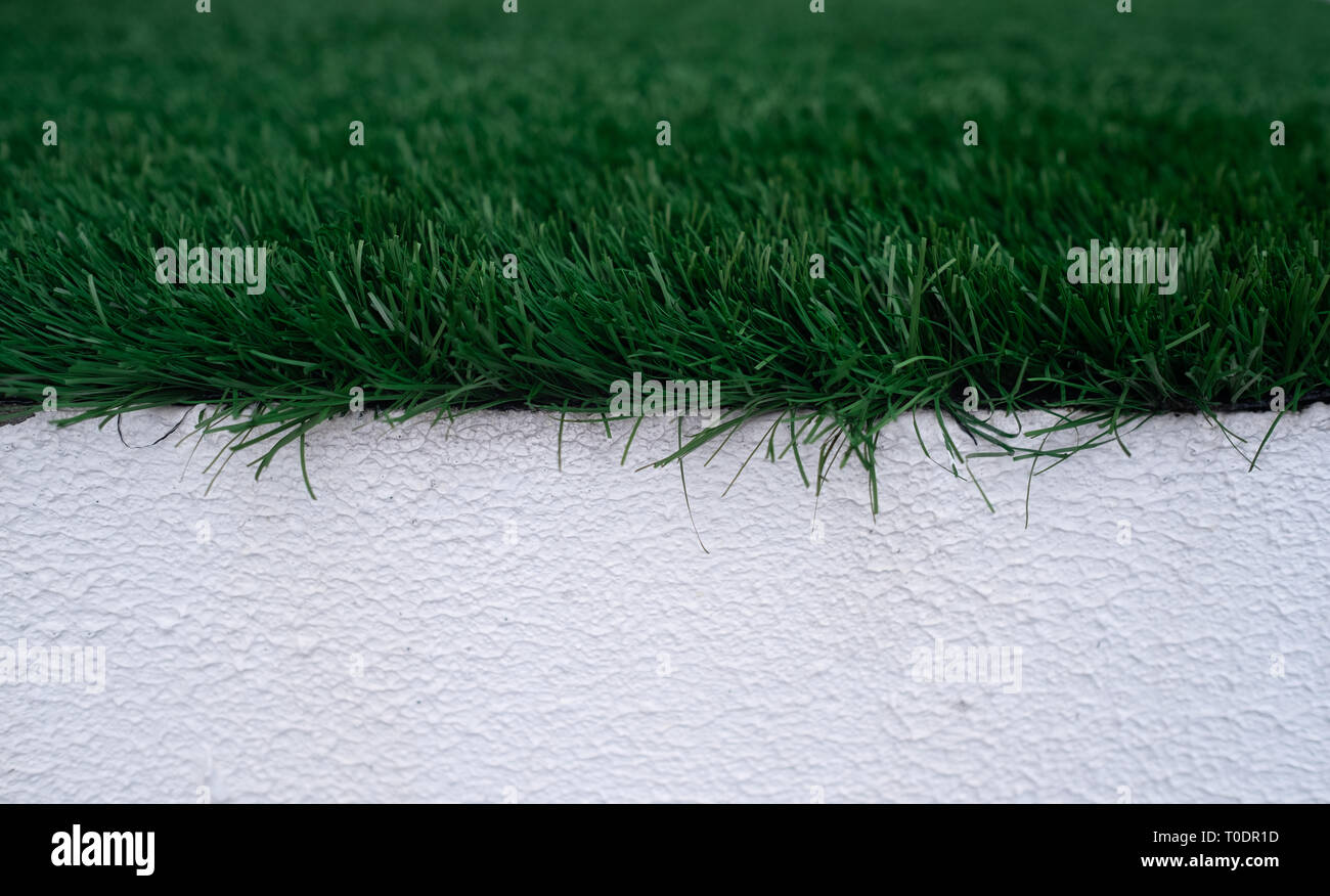 Chiudere l immagine del verde tappeto erboso artificiale sulla sommità di un muro bianco Foto Stock