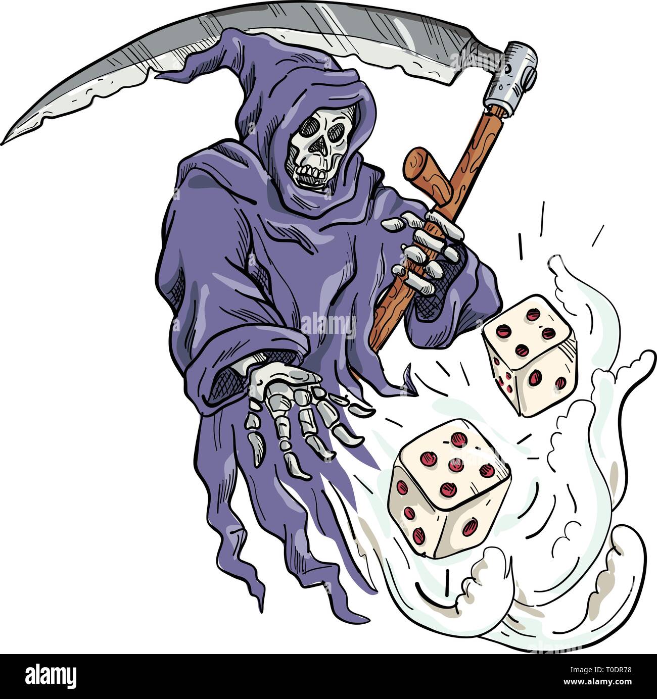 Disegno stile sketch illustrazione della personificazione della morte, Grim Reaper tenendo una falce di gettare e tirare i dadi sul bianco isolato ba Illustrazione Vettoriale