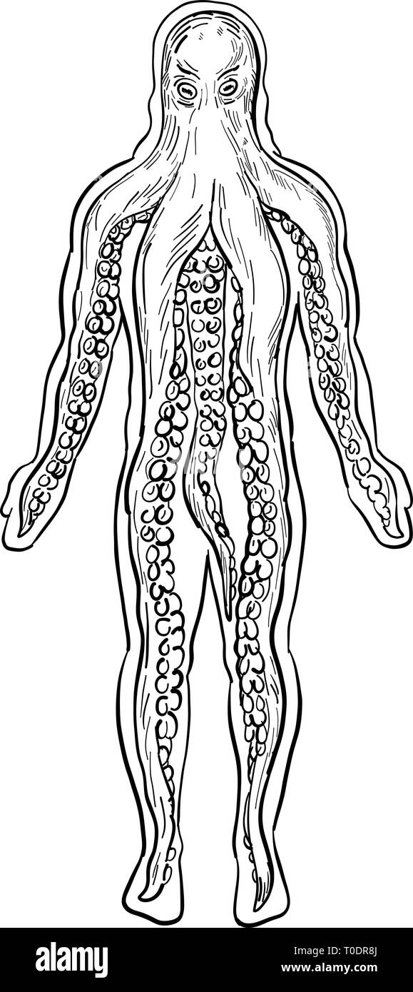 Disegno stile di disegno illustrativo di una piovra aliena all'interno di un corpo umano e la presa in consegna è visto dal lato anteriore isolato su sfondo bianco in nero a Illustrazione Vettoriale