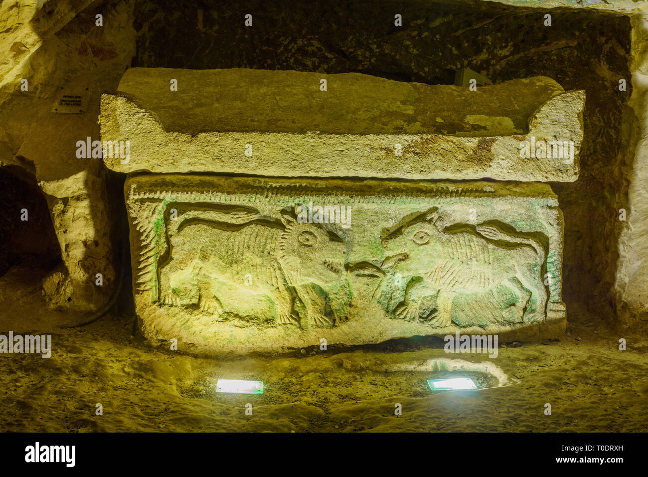 Kiryat Tivon, Israele - 13 Marzo 2019: Sarcofago (periodo romano bara) con sculture di due leoni, in una sepoltura ebraica grotta, in Bet Shearim P Nazionale Foto Stock