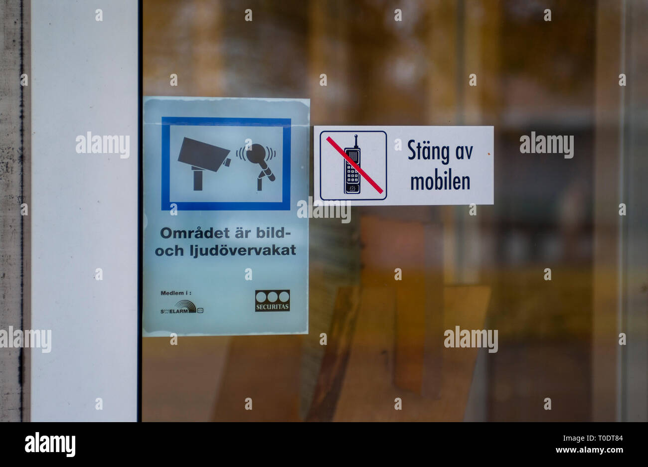 Spegnere il telefono cellulare quando si visita la banca, Sunne, Värmland, Svezia. Foto Stock