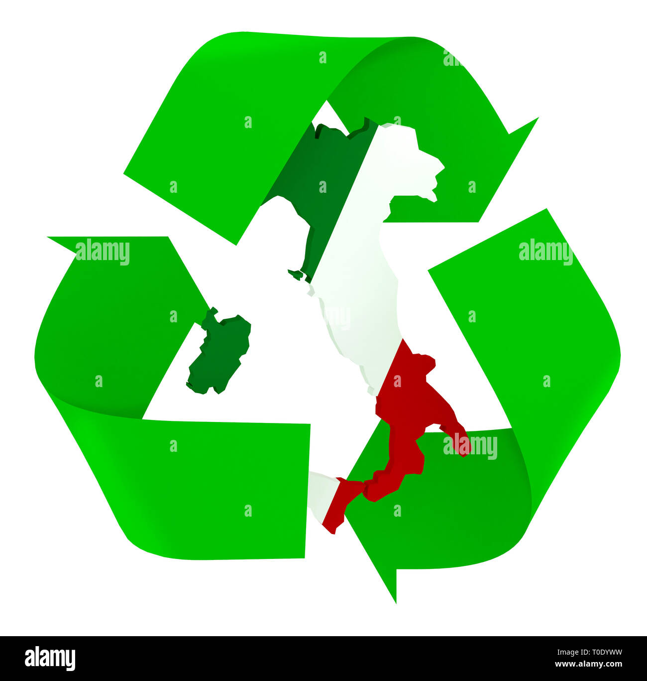 Simbolo riciclaggio con mappe italiane e bandiera colori, verde, bianco e rosso, 3d illustrazione Foto Stock