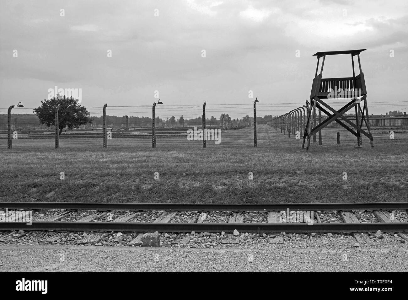 Una torre di guardia e filo spinato recinzioni in Auschwitz Birkenau II campo di concentramento in Polonia Foto Stock