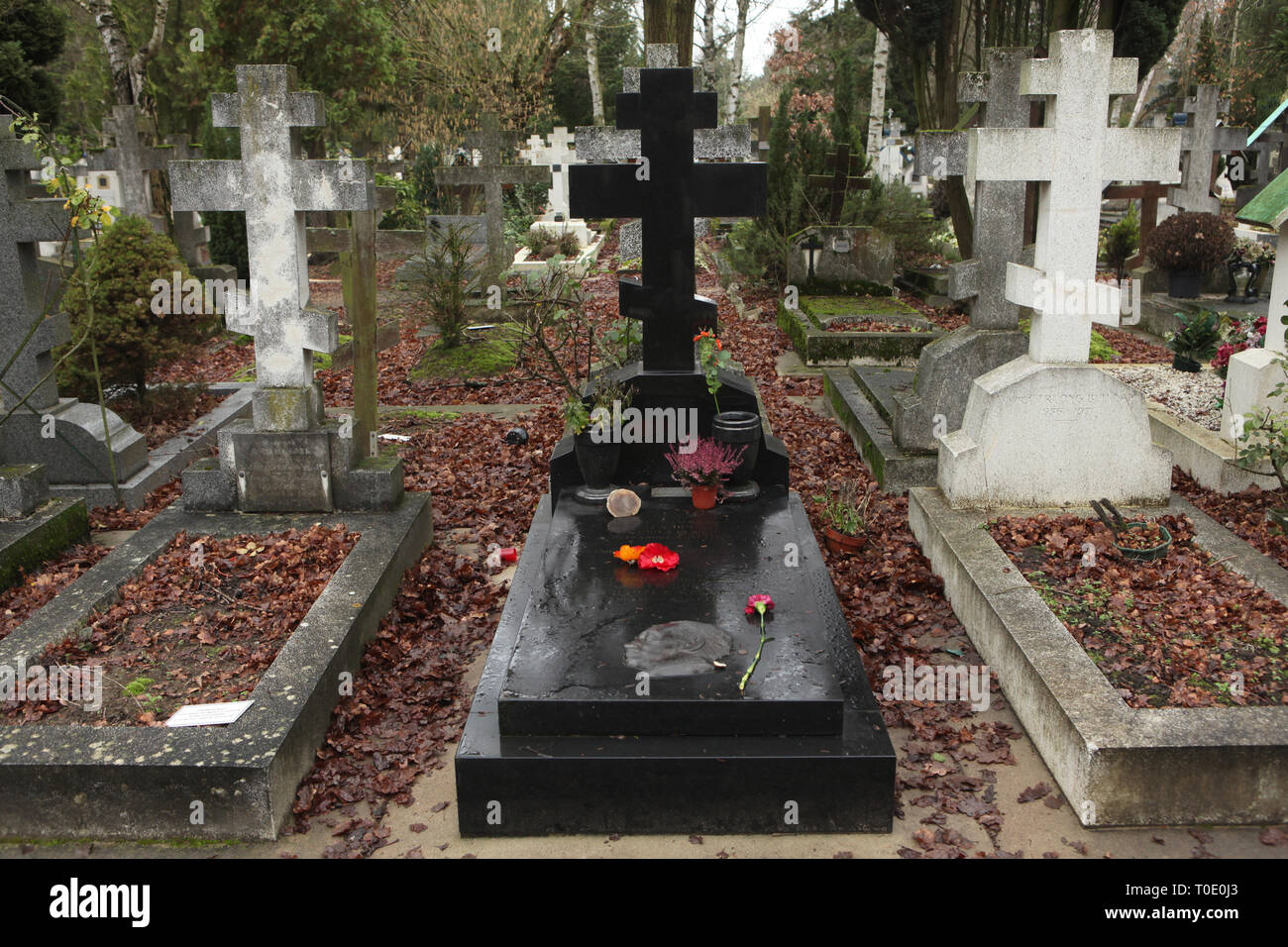 Tomba del poeta russo e cantante Alexander Galich presso il Cimitero di russo in Sainte-Geneviève-des-Bois (Cimetière russe de Sainte-Geneviève-des-Bois) vicino a Parigi, Francia. Foto Stock