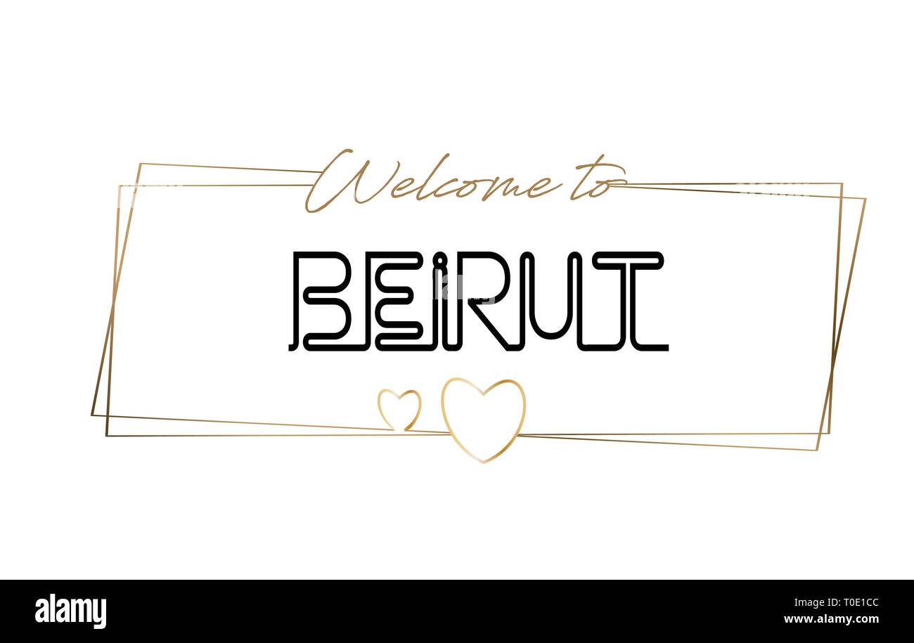 Beirut Benvenuti al Neon testo caratteri tipografici. Parola per il logotipo, badge, icona, card, cartolina, logo e banner cablati con cornici dorate e cuori Des Illustrazione Vettoriale