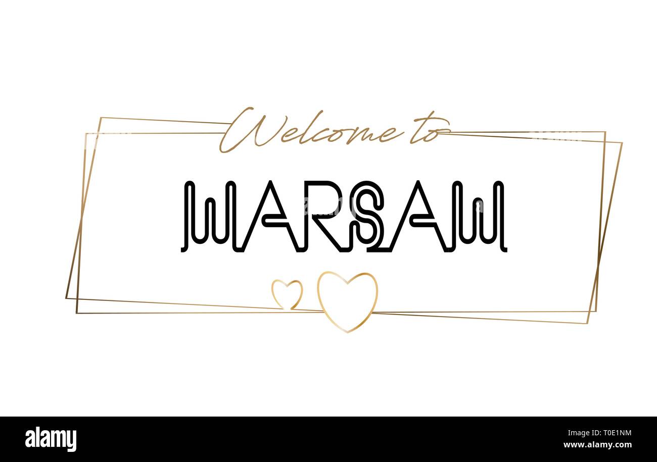 Warsaw Benvenuti al Neon testo caratteri tipografici. Parola per il logotipo, badge, icona, card, cartolina, logo e banner cablati con cornici dorate e cuori Des Illustrazione Vettoriale