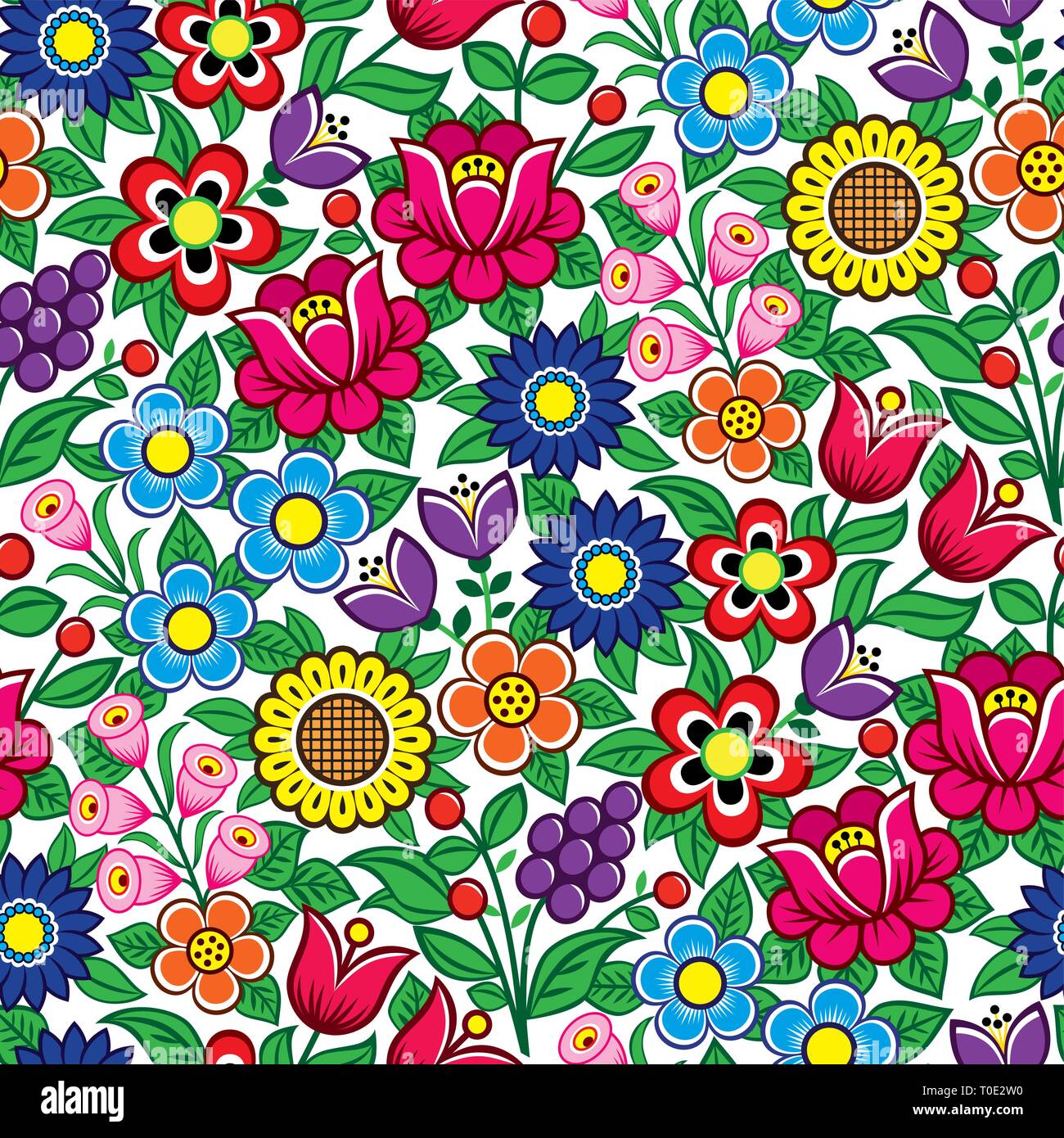 Floral seamless polacco di arte popolare modello di vettore - design tradizionale con fiori e foglie da Zalipie in Polonia Illustrazione Vettoriale