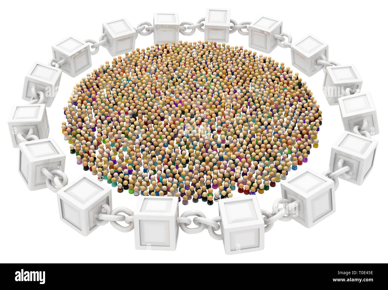 La Folla di piccole figure simboliche, circondato dalla catena di blocco cerchio, 3d illustrazione, orizzontale, di sfondo su bianco, isolato Foto Stock