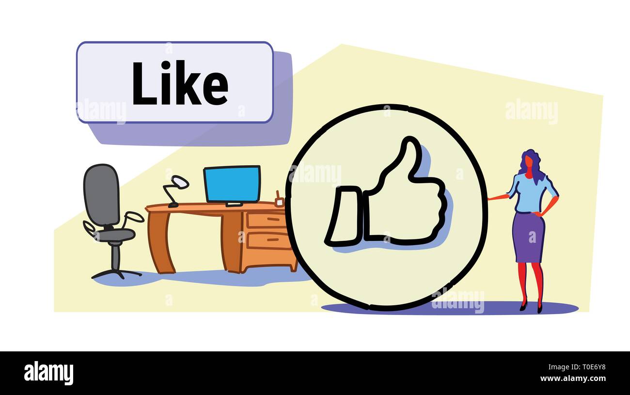 Imprenditrice con il pollice in alto simbolo icona simile successo social media marketing feedback concetto Workplace ufficio moderno interno a piena lunghezza schizzo Illustrazione Vettoriale