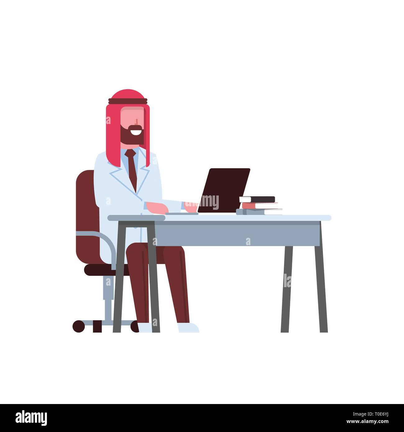 Maschio arabo medico utilizzando laptop al lavoro scrivania uomo arabo in keffiyeh e uniforme di medicina ospedale lavoratore personaggio dei fumetti a piena lunghezza white Illustrazione Vettoriale