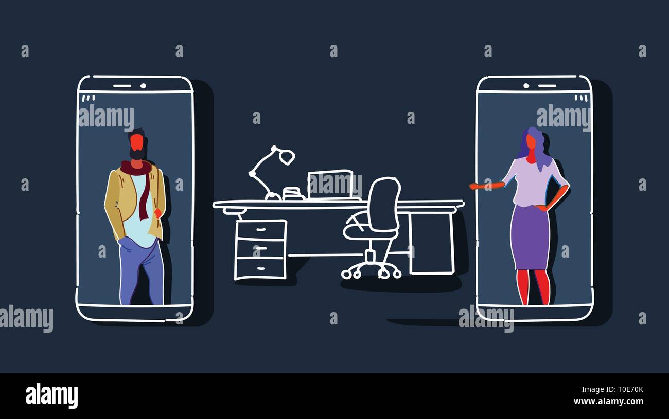 Giovane chattando dalla schermate dello smartphone i rapporti sulla distanza chat online concetto giovane utilizzando internet mobile sul posto di lavoro dell'applicazione office Illustrazione Vettoriale