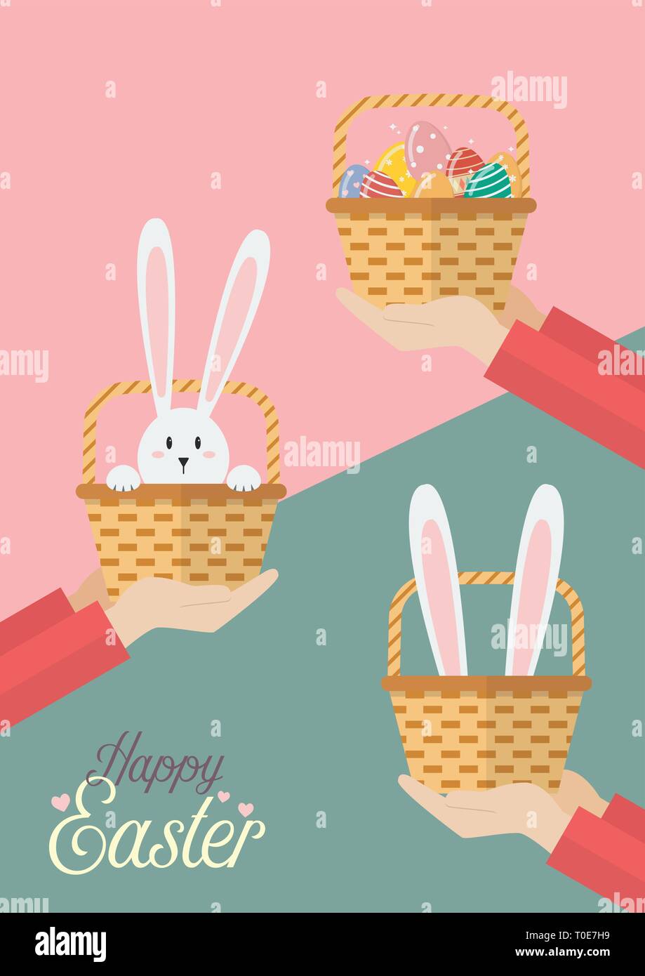 Le mani sono holding cesti pasquali. Pasqua biglietto di auguri Illustrazione Vettoriale