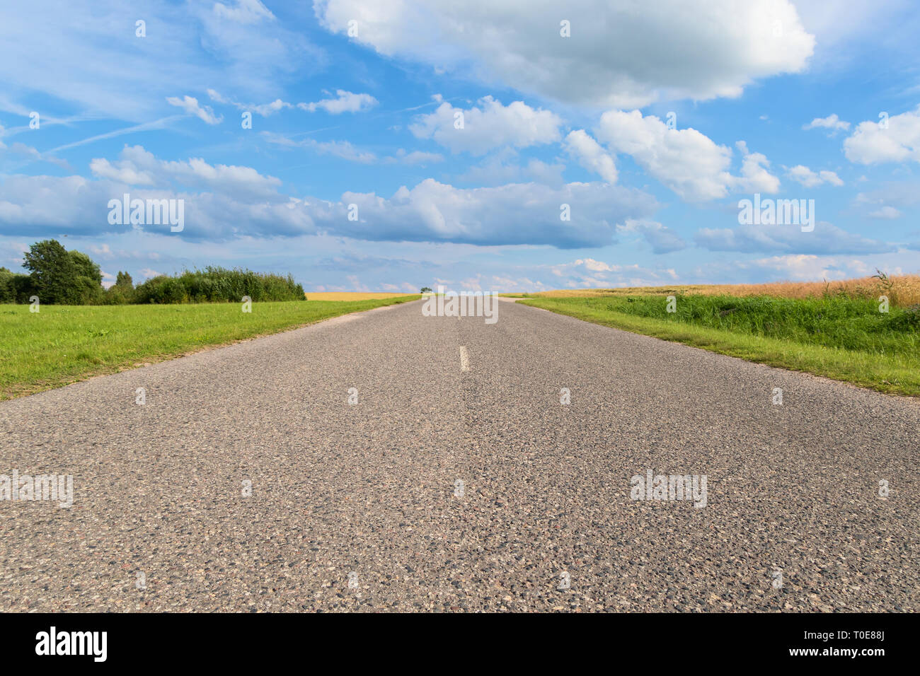 Strada diritta che si estende al di là dell'orizzonte a un bel cielo blu con nuvole ornati. Foto Stock