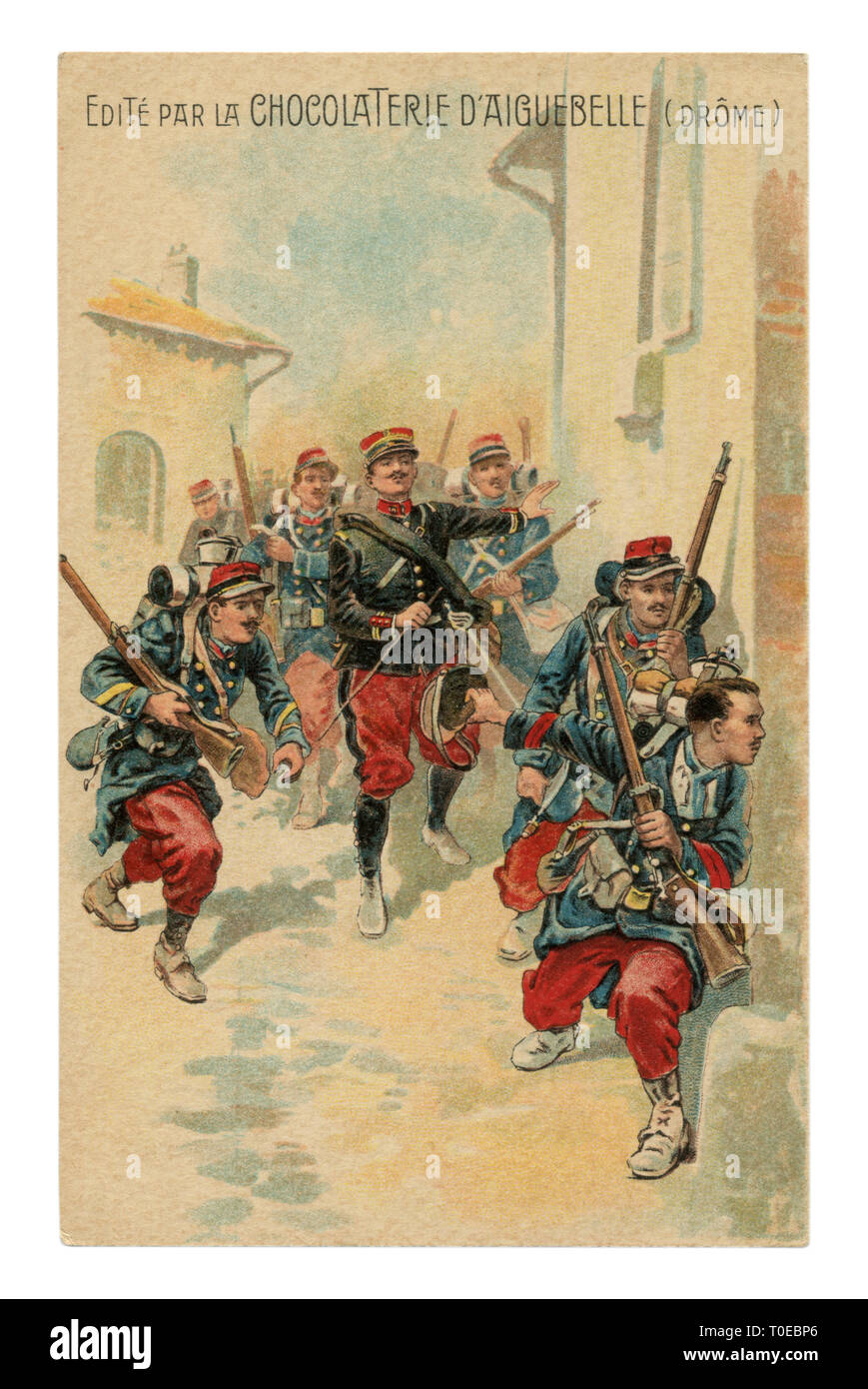 Storico francese pubblicità chromolithographic cartolina: officer conduce un soldato di fanteria con fucili attraverso le strade della città nemica, street Foto Stock