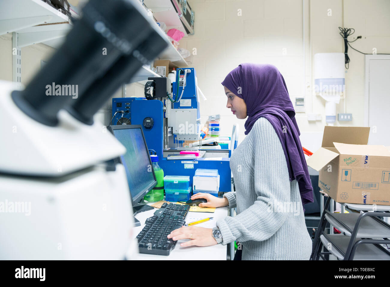 Una donna musulmana utilizza le attrezzature scientifiche in un laboratorio di ricerca, presso la University of Sussex indossando un tradizionale hijab. Foto Stock