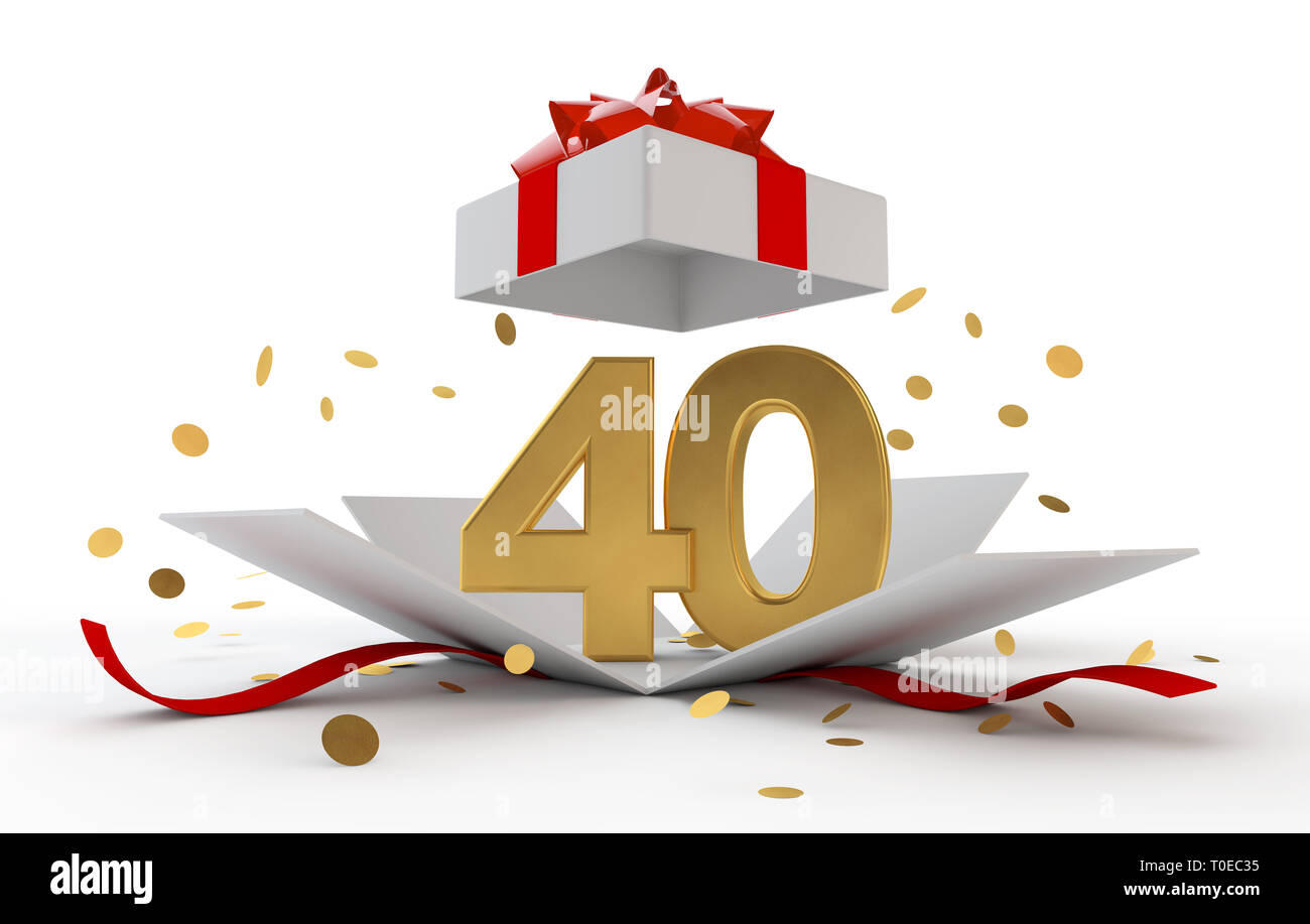 Lieto quarantesimo compleanno sorpresa oro boxwith nastro rosso. Il rendering 3D Foto Stock